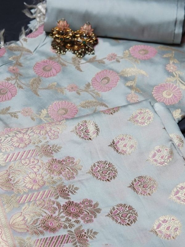 Grey Banarsi Zari Unstitched Suit Set - Krishanlalraman