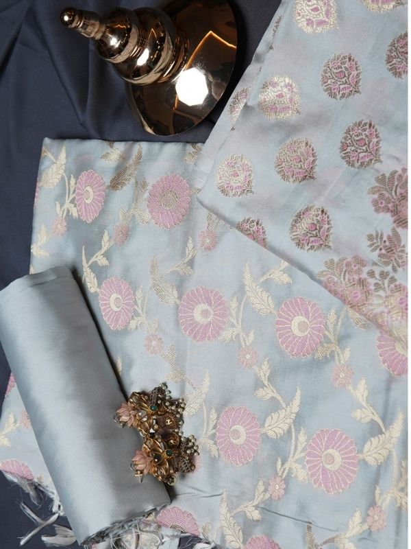 Grey Banarsi Zari Unstitched Suit Set - Krishanlalraman
