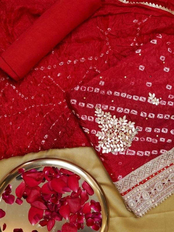 Red contrast Bandhani Unstitched Suit Set