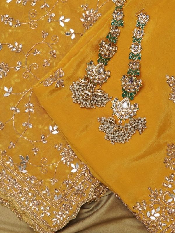 Mustard Yellow Crepe Unstitched Suit Set ( Gotta Patti) - Krishanlalraman