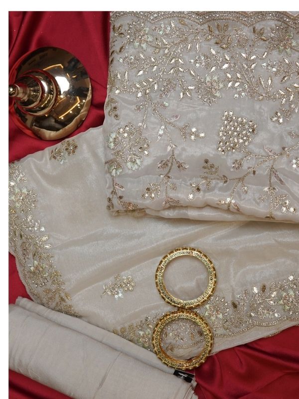 Light Grey Tissue organza Embellished with zari work - Krishanlalraman