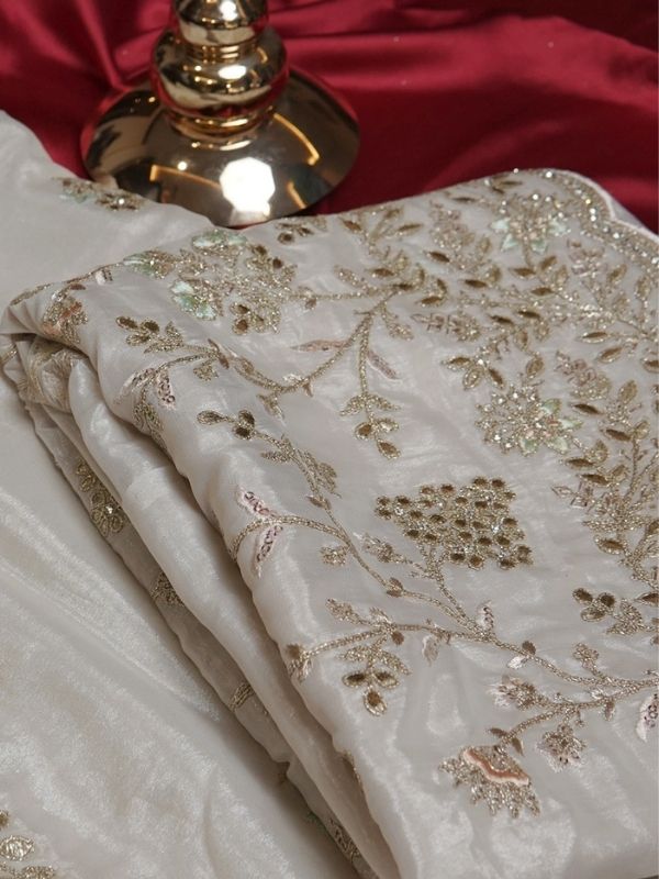 Light Grey Tissue organza Embellished with zari work