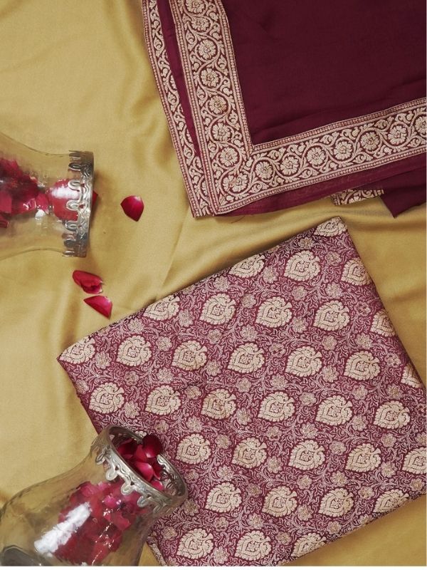 Maroon Brocade Unstitched Suit Set - Krishanlalraman