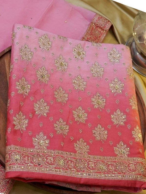 Contrast Pink And Rani Colour Unstitched Suit Set - Krishanlalraman