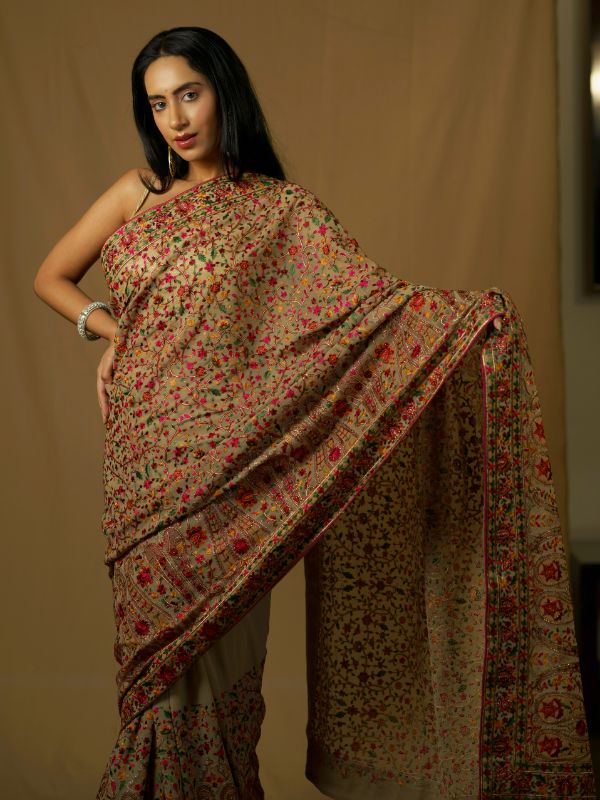 Beige Resham Georgette Saree - Krishanlalraman