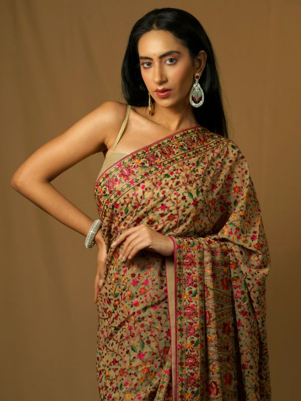 Beige Resham Georgette Saree