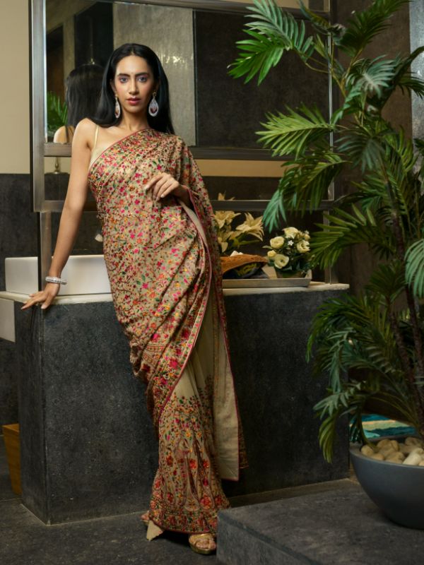 Beige Resham Georgette Saree