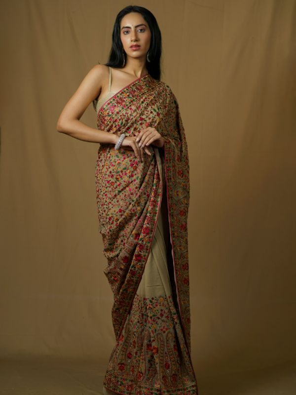 Beige Resham Georgette Saree