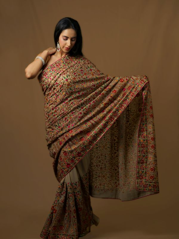 Beige Resham Georgette Saree