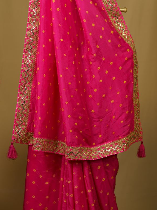 Pink Bandhani Saree With Heavy Border