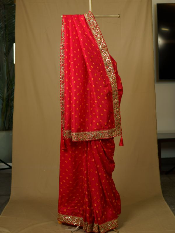 Red Bandhani Saree With heavy Border - Krishanlalraman