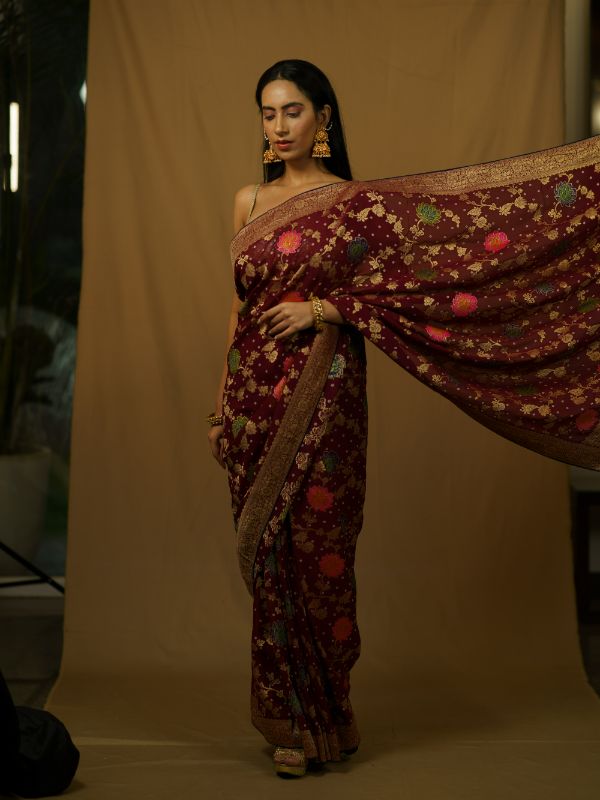Wine Banarsi Saree With Floral Embroidery