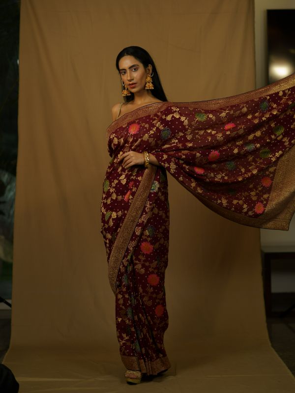 Wine Banarsi Saree With Floral Embroidery