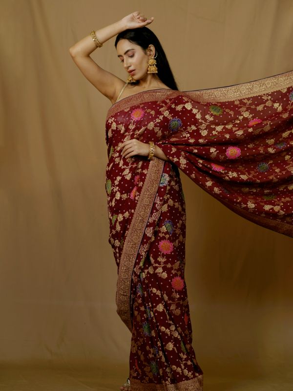 Wine Banarsi Saree With Floral Embroidery