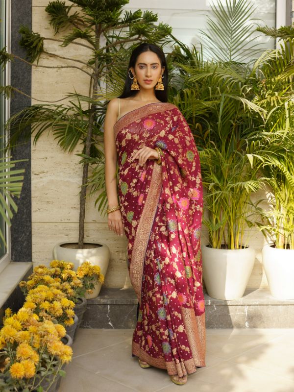 Wine Banarsi Saree With Floral Embroidery
