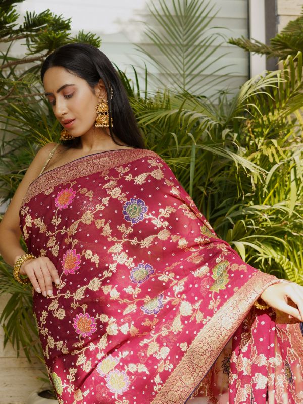 Wine Banarsi Saree With Floral Embroidery