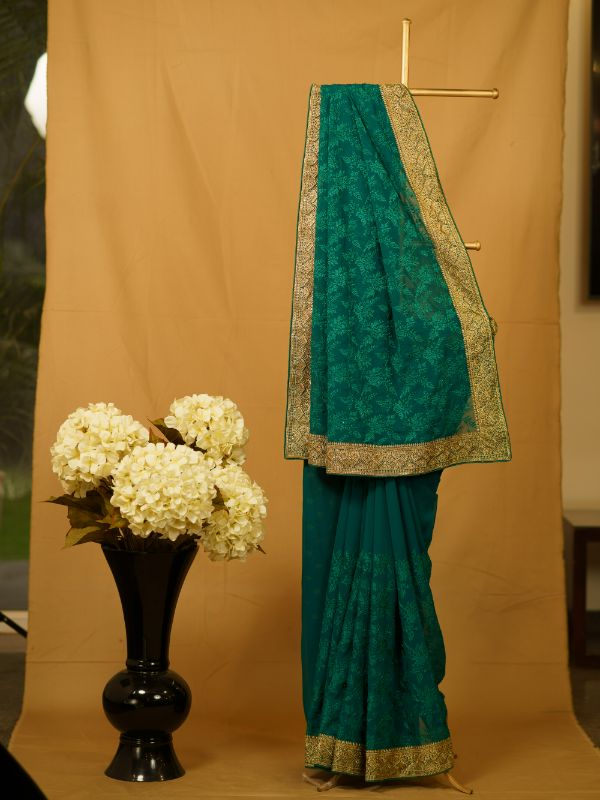 Green Georgette Saree With Resham Work - Krishanlalraman