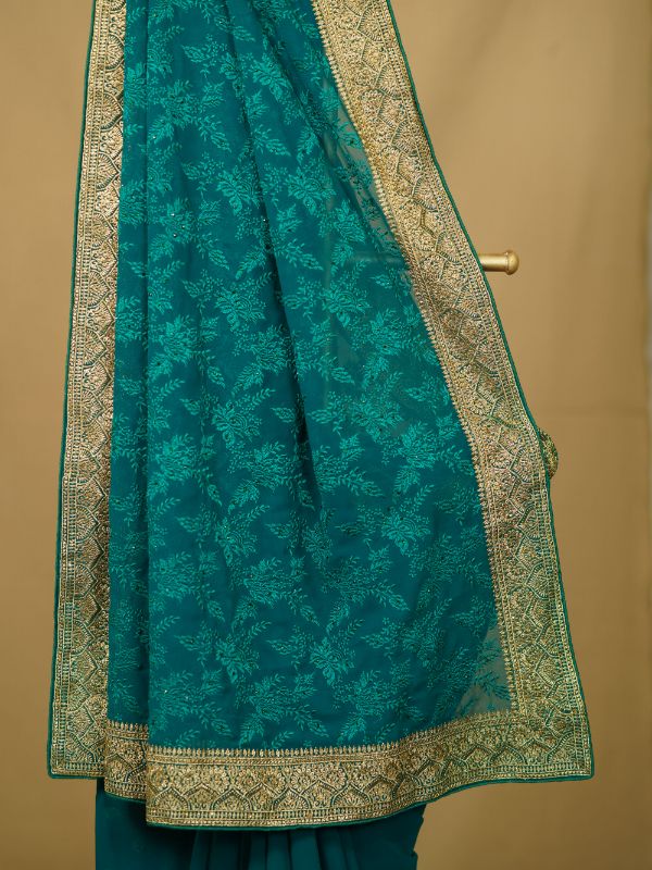Green Georgette Saree With Resham Work