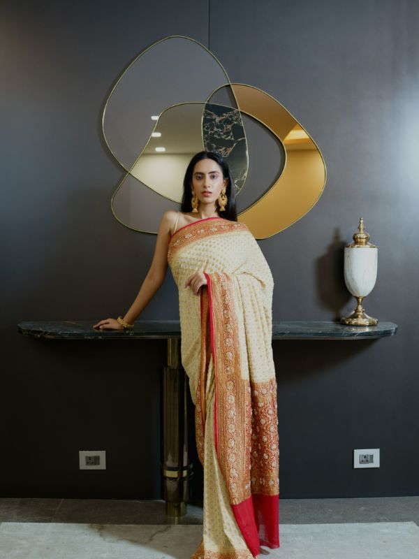 Heavy Khadi Georgette Golden and Red Saree - Krishanlalraman