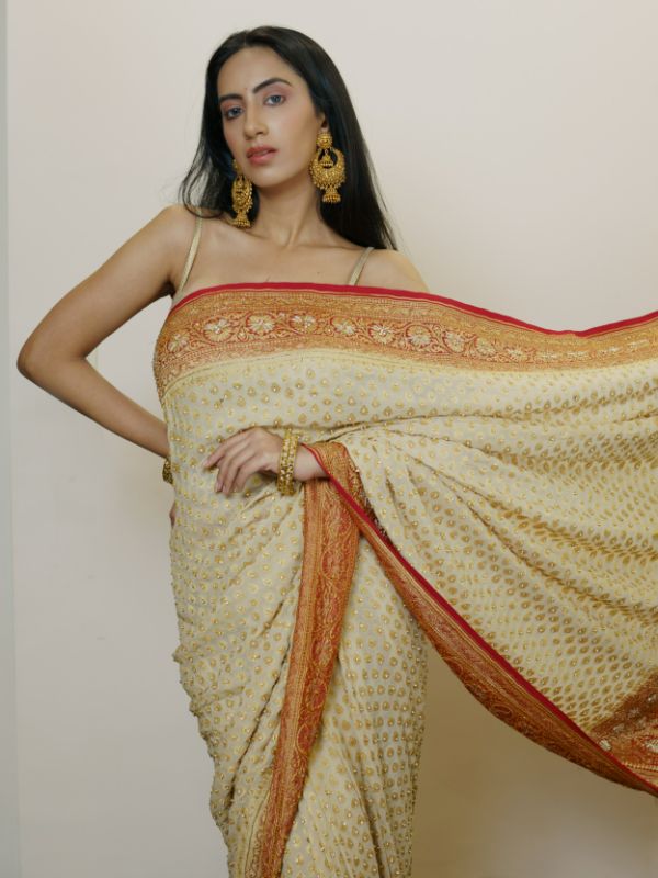 Heavy Khadi Georgette Golden and Red Saree