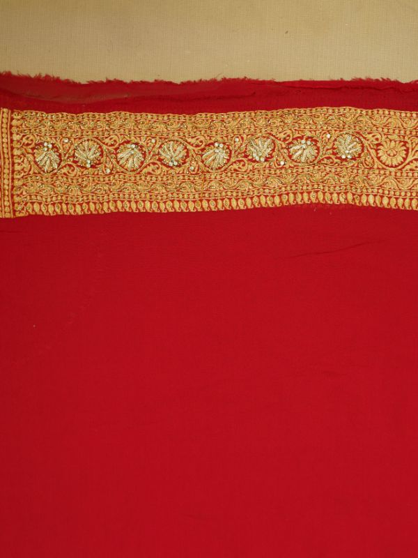 Heavy Khadi Georgette Golden and Red Saree - Krishanlalraman