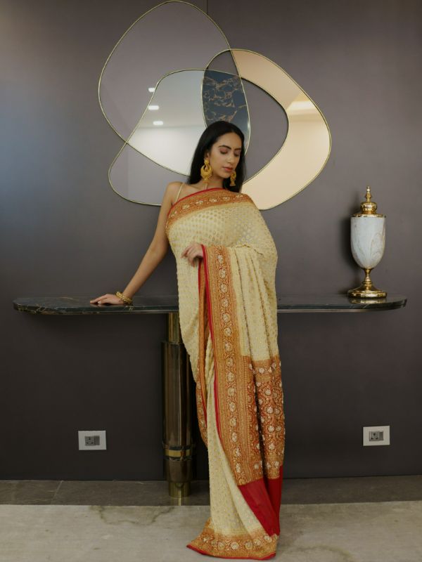Heavy Khadi Georgette Golden and Red Saree
