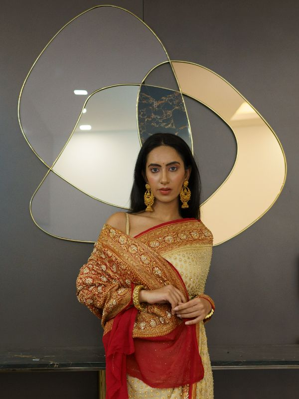 Heavy Khadi Georgette Golden and Red Saree