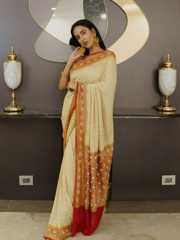 Heavy Khadi Georgette Golden and Red Saree