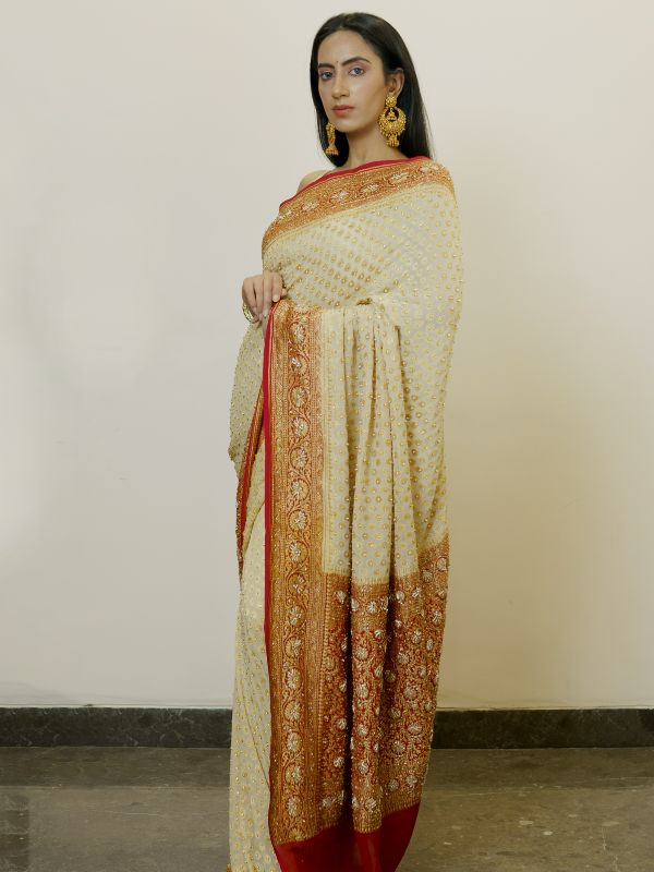 Heavy Khadi Georgette Golden and Red Saree