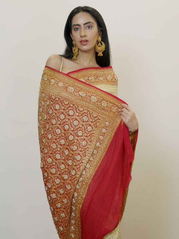 Heavy Khadi Georgette Golden and Red Saree