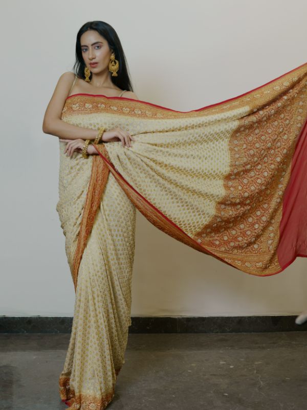 Heavy Khadi Georgette Golden and Red Saree