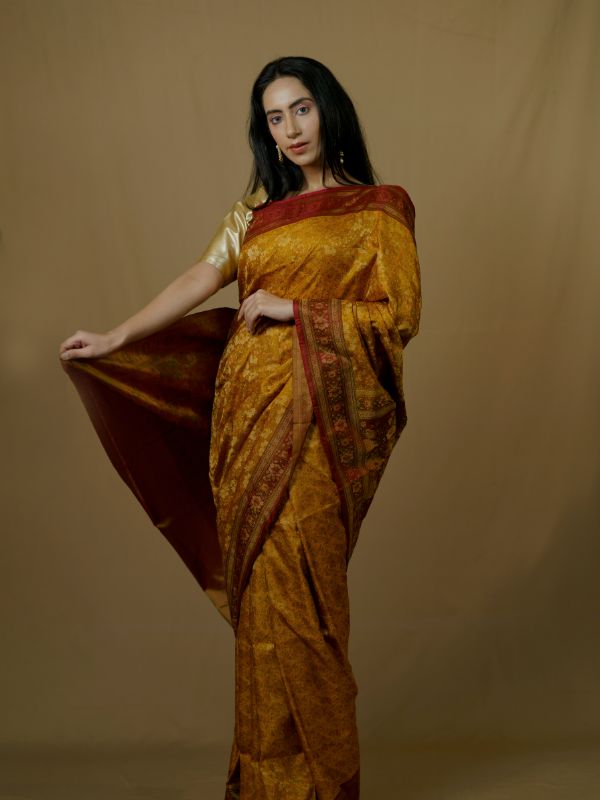 Mustard and Maroon Combo Tanchoi Banarasi Saree