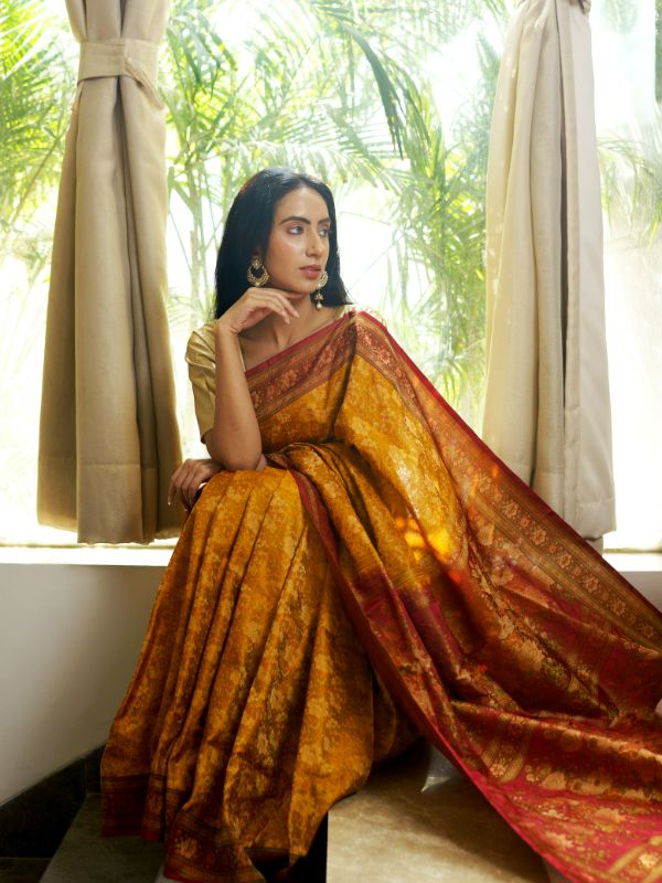 Mustard and Maroon Combo Tanchoi Banarasi Saree
