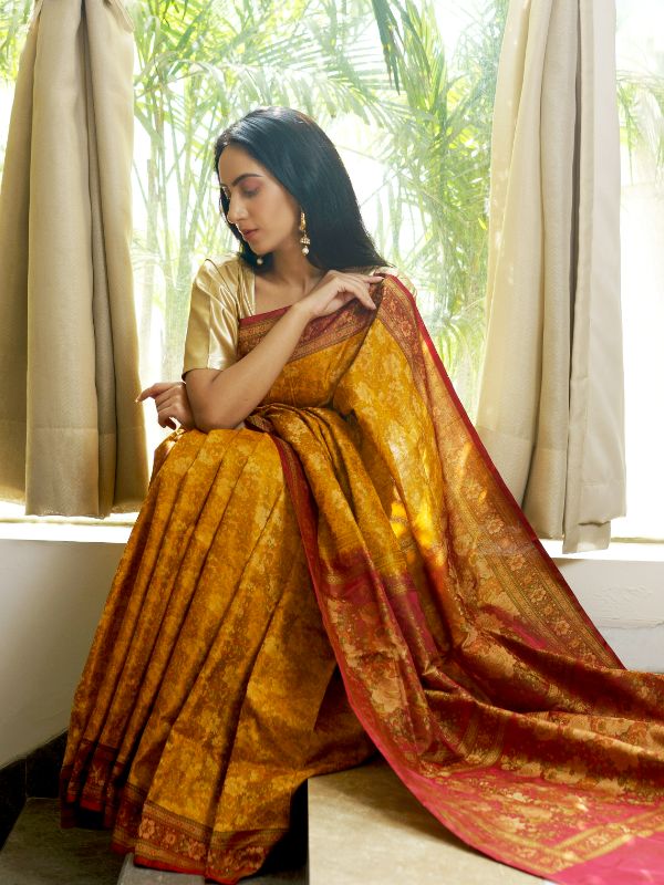 Mustard and Maroon Combo Tanchoi Banarasi Saree