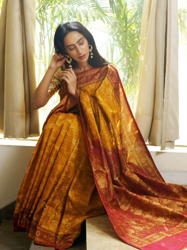 Mustard and Maroon Combo Tanchoi Banarasi Saree