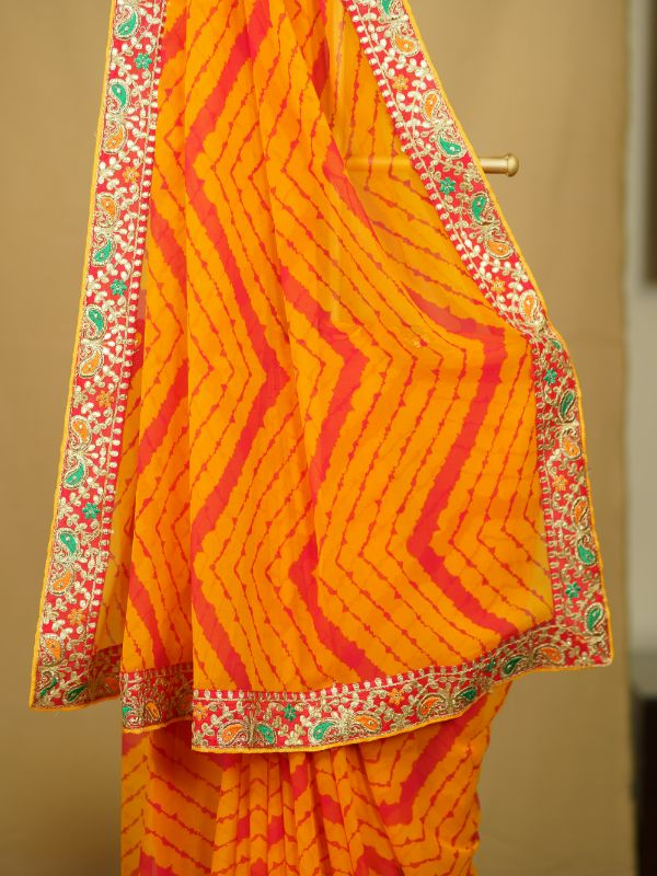 Orange Georgette Tie and Dye Saree with Gotta Patti Border