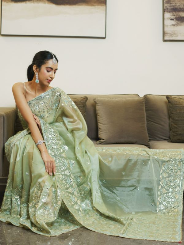 Pista Green Organa Saree - Krishanlalraman